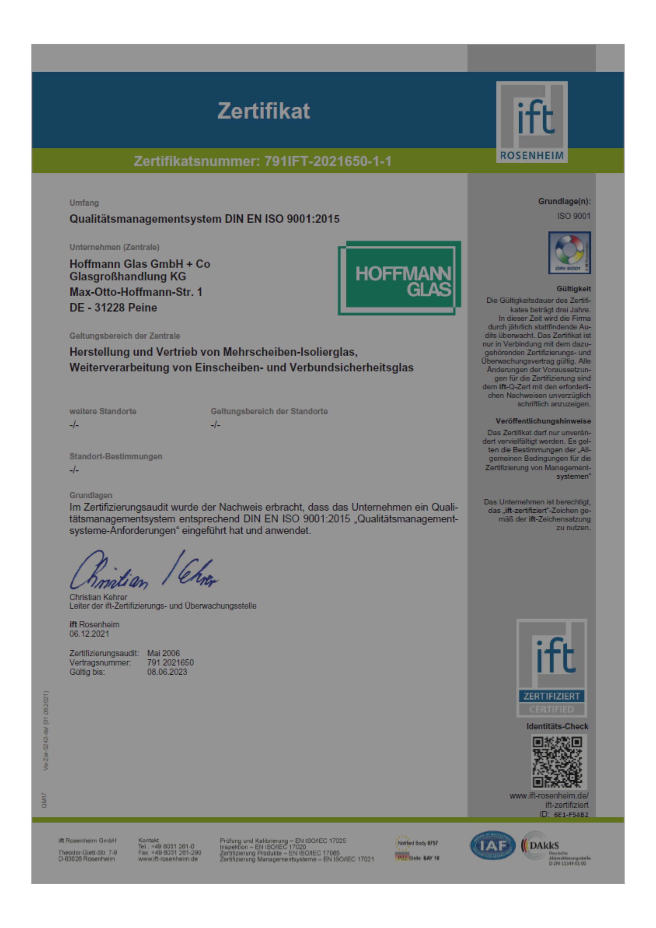 ift-Zertifikat QM DIN EN ISO 9001:2015