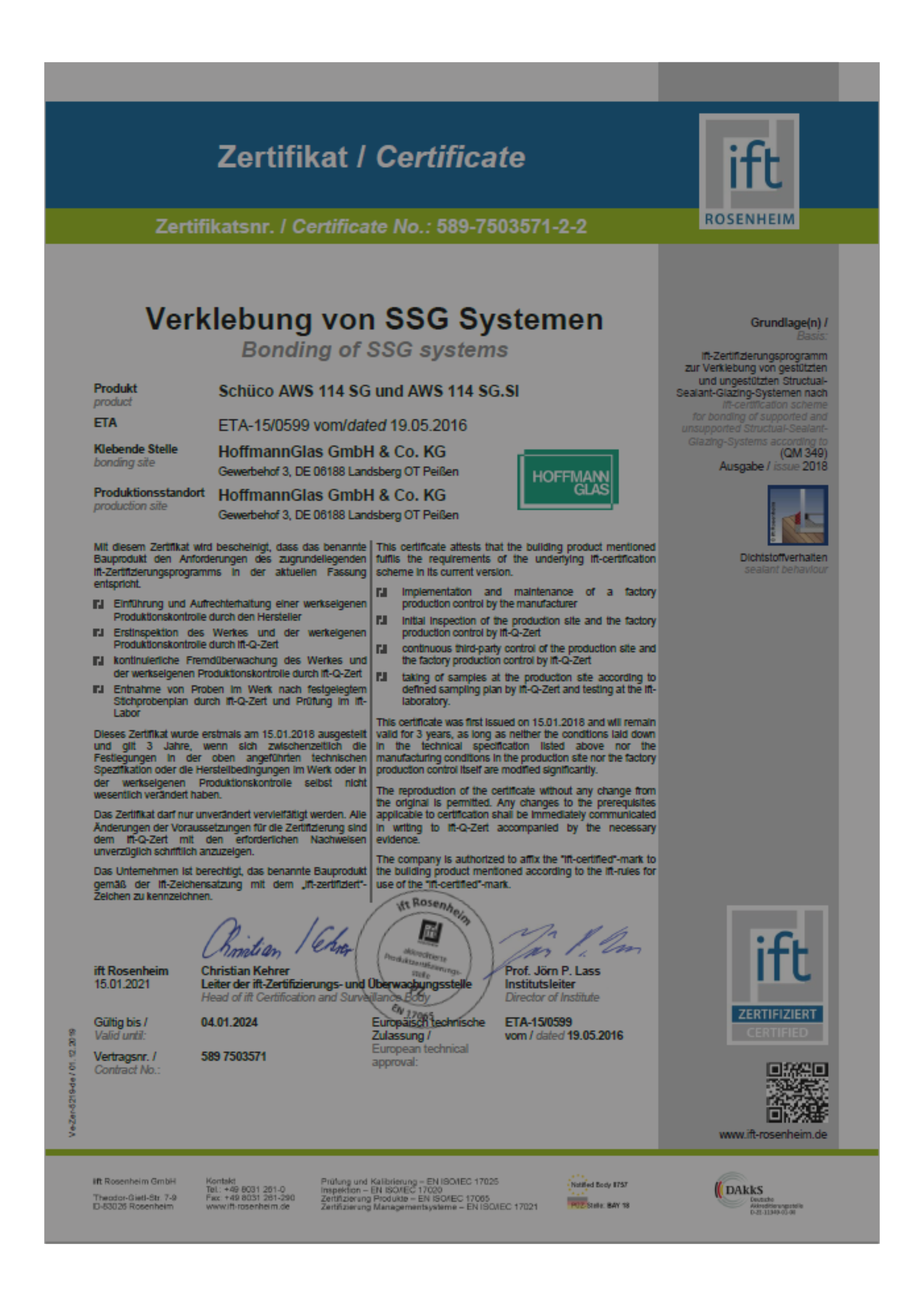 Zertifikat Verklebung von SSG Systemen