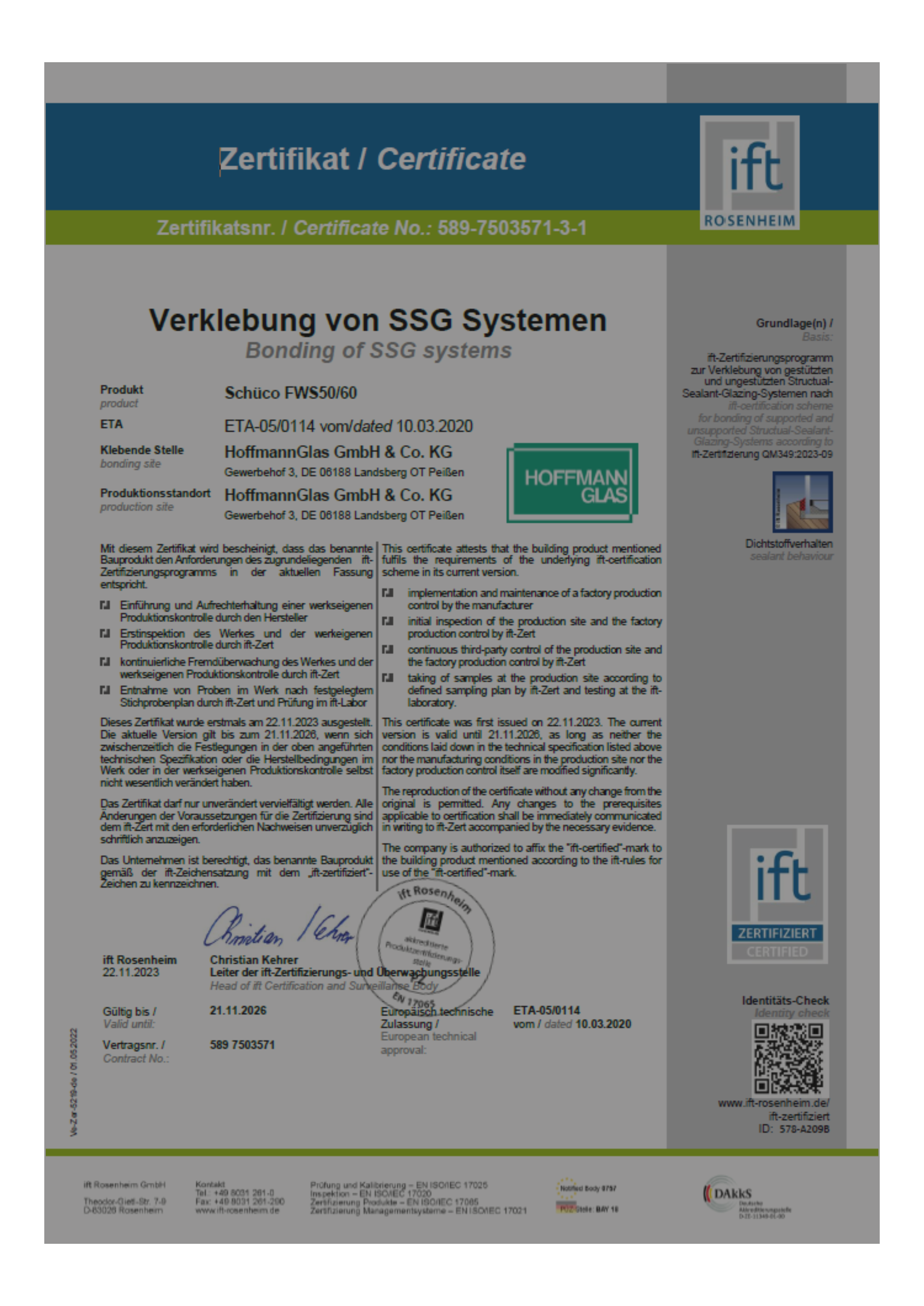 Zertifikat Verklebung von SSG Systemen